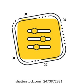 Cartoon settings button icon vector illustration. Slider bar on isolated yellow square background. Equalizer sound sign concept.