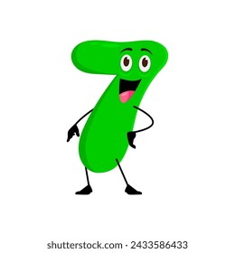 Cartoon seven math number character, vector kids education mathematics symbol personage. Cute green seven number emoji pointing down with funny face and happy smile, childish arithmetic emoticon