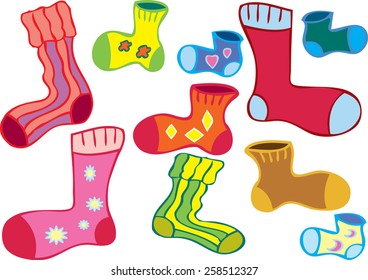 A cartoon of several different colored odd socks