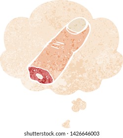 cartoon severed finger with thought bubble in grunge distressed retro textured style
