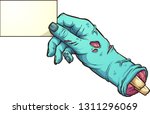 Cartoon severed zombie hand holding a blank card. Vector clip art illustration with simple gradients. All in a single layer. 
