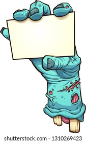 Cartoon severed zombie hand holding a blank card. Vector clip art illustration with simple gradients. All in a single layer. 