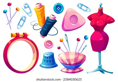 Cartoon sewing accessories collection with mannequin, embroidery hoop, thread spools, pins and safety clips, buttons, thimble and pincushion. Bright colorful craft supplies set for handmade design.