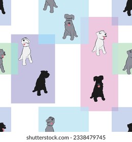 Cartoon shaggy dogs and colored rectangles on white background, seamless vector pattern