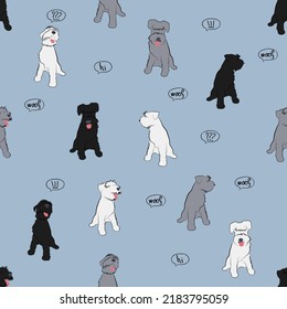 Cartoon shaggy dogs on blue background, seamless vector pattern