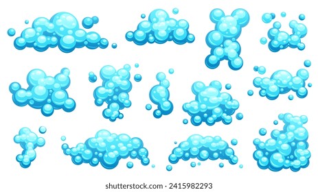 Cartoon shampoo foam set. Soapy bubbles and steam, shampoo foam and bubbles in shower, bubble foam and steam in water. Vector colorful isolated collection of shampoo wash illustration