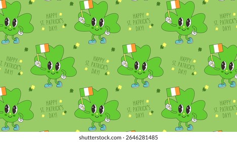 Trevo de desenhos animados com bandeira irlandesa e trevos alegres em uma repetição perfeita para os fundos de celebração do Dia de São Patrício para a impressão e os designs digitais do Dia de São Patrício.