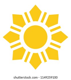 
A cartoon shape of bright yellow sun with flowery rays, flower sun 
