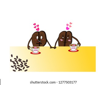 Cartoon shape coffee beans  are sitting drinking it, One hand holding a glass the other holding a lover's hand, Concept coffee lover.