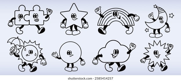 Cartoon shapes with faces and limbs, including a star, moon, sun, cloud, and rainbow. Playful and animated, these shapes have expressive faces and lively poses. Vintage art illustration, vector.