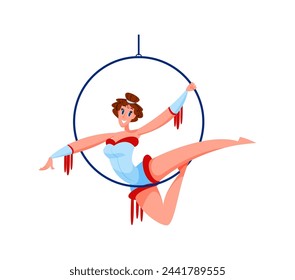 Cartoon shapito circo gimnasta de aire personaje de mujer realiza acrobacias en un aro suspendido con fuerza y flexibilidad. Vector aislado bailarín aéreo artista que muestra acrobacias de peligro en gran espectáculo