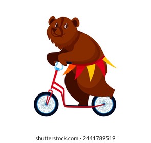 Cartoon shapito circus bear animal cycling on bicycle. Isolated cute vector personage in a colorful outfit, pedals a small bike with balance, delighting the audience with dexterity on big top arena