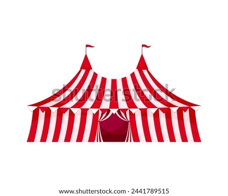 Cartoon shapito circus big top tent. Isolated vector large, striped, red and white carnival canvas shelter for funfair shows with acrobats, clowns, and animals. Amusement park marquee for performance