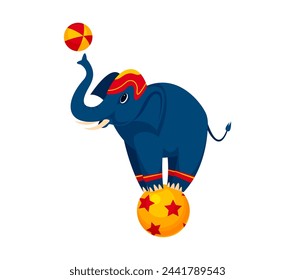 Cartoon shapito circus elephant animal character balances on a vibrant ball, captivating the audience with its colossal yet precise movements, showcasing an strength and agility under the big top