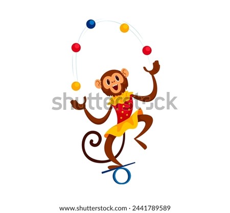Cartoon shapito circus juggling monkey animal clad in a colorful dress, captivates the audience, skillfully tossing balls in the air with agile movements while balancing on a board under the big top