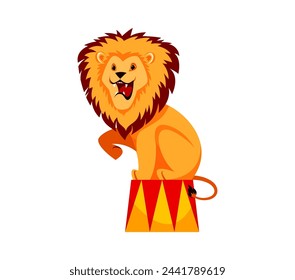 Cartoon shapito circus lion animal regally sitting on big top ring, perform carnival show. Isolated vector majestic lion roar, captivates audience with calm yet powerful presence and untamed strength