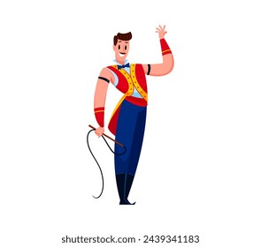 Caricatura shapito circo domador personaje. Aislado vector valiente entrenador de animales rompe su látigo con precisión, comandando el respeto y la obediencia de las bestias majestuosas, realizar espectáculo en el anillo de la tienda superior grande