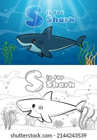 Cartoon shark with alphabet undersea. Coloring book or page