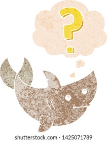 cartoon shark asking question with thought bubble in grunge distressed retro textured style