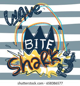 Cartoon shark attack bite on striped background illustration vector, t-shirt graphic design.