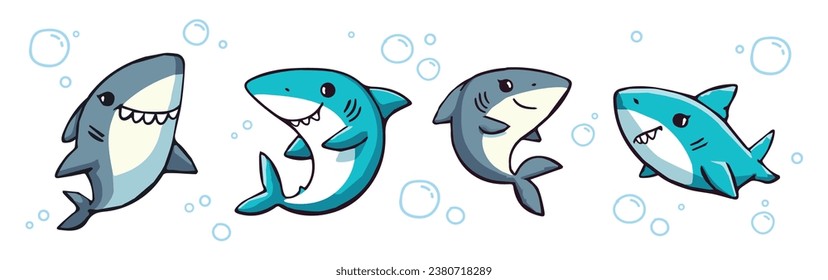 Cartoon shark for baby, kids and family. Funny sharks, sea predators. Ocean wildlife characters. Cute smiling shark collection. Flat graphic vector illustration isolated on white background