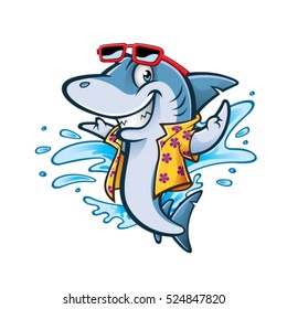 cartoon shark with beachwear and sunglasses smiling welcome