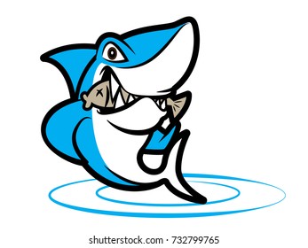 Cartoon shark biting a death fish on swirl water - mascot vector illustration