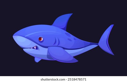 Cartoon shark character. Isolated vector powerful and magnificent sea animal, apex predator living in the ocean. Kid book or game personage with streamlined sleek body, sharp teeth and distinctive fin