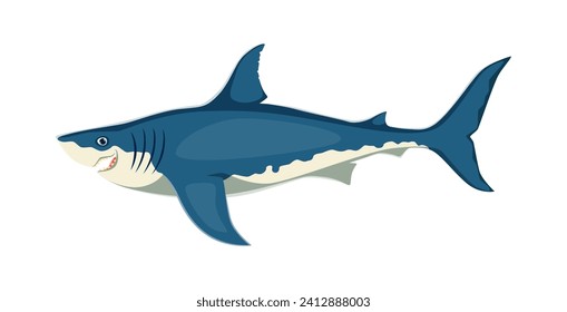 Cartoon shark character, powerful and magnificent sea animal with streamlined sleek body, sharp teeth, and incredible swimming abilities. Isolated vector apex predator living in the oceans