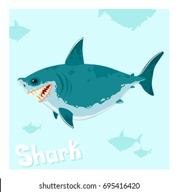 Cartoon shark character in the sea. Vector illustration.