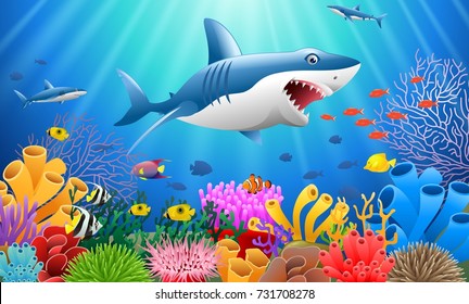 Cartoon shark with Coral Reef Underwater in Ocean. Vector illustration