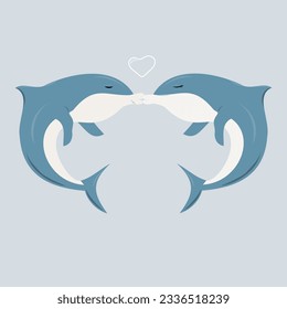 Cartoon shark couple falling in love. Hand drawn vector illustration of Sea animals love