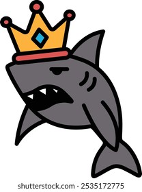 A cartoon shark with a crown on its head. The shark is angry and has its mouth open