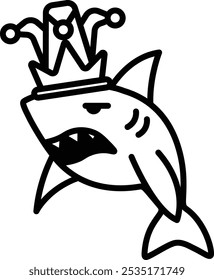A cartoon shark with a crown on his head and a frowning mouth
