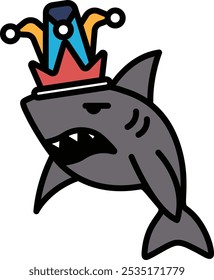 A cartoon shark with a crown on his head and a frowning mouth. The shark is wearing a crown and he is unhappy
