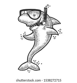 Cartoon shark with diving mask and snorkel sketch engraving vector illustration. T-shirt apparel print design. Scratch board style imitation. Black and white hand drawn image.