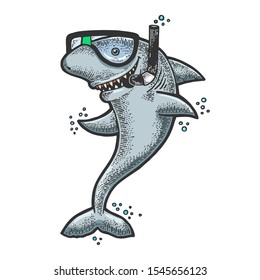 Cartoon shark with diving mask and snorkel sketch engraving vector illustration. T-shirt apparel print design. Scratch board style imitation. Black and white hand drawn image.