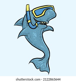 Cartoon shark with diving mask and snorkel sketch engraving vector illustration. T-shirt apparel print design. Scratch board style imitation. Black and white hand drawn image.