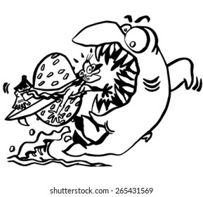 Cartoon shark eating a surfer burger .Vector illustration. All in a single layer.
