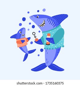 Cartoon shark family blow bubbles vector flat illustration. Colorful cute parent and child fish having fun together isolated on white background. Two smiling creatures in woolen sweater