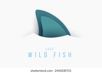 Cartoon shark fin isolated on white background. Creative art composition in minimal paper cut style. Fashion vector illustration. 