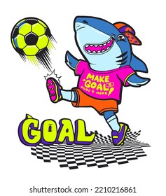 Cartoon shark football player playing football with neon soccer ball on chequered flag. Hand written text Goal. Sporting fish poster. Neon colorful footballer boy clothes on predator.