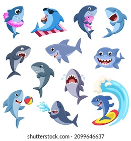 Cartoon Shark. Funny Sharks, Sea Predators. Ocean Wildlife Characters. Pink And Blue Fish With Baby, Smile Water Animals For Kids, Garish Vector Set