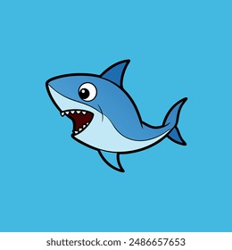 A cartoon shark is happily swimming in the ocean with its mouth wide open