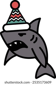 A cartoon shark with a hat on his head. The hat is red, green, and blue