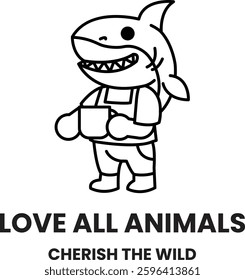 A cartoon shark is holding a cup and the words "Love all animals, cherish the wild" are written below it
