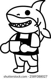 A cartoon shark is holding a mug and smiling