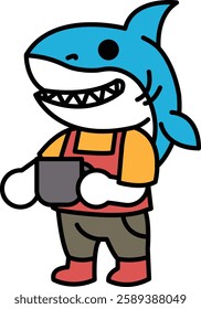 A cartoon shark is holding a mug and smiling