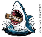 cartoon shark holding sign marine isolated vector illustration on white background