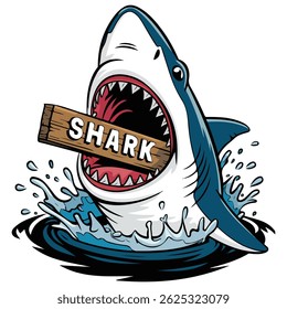 cartoon shark holding sign marine isolated vector illustration on white background